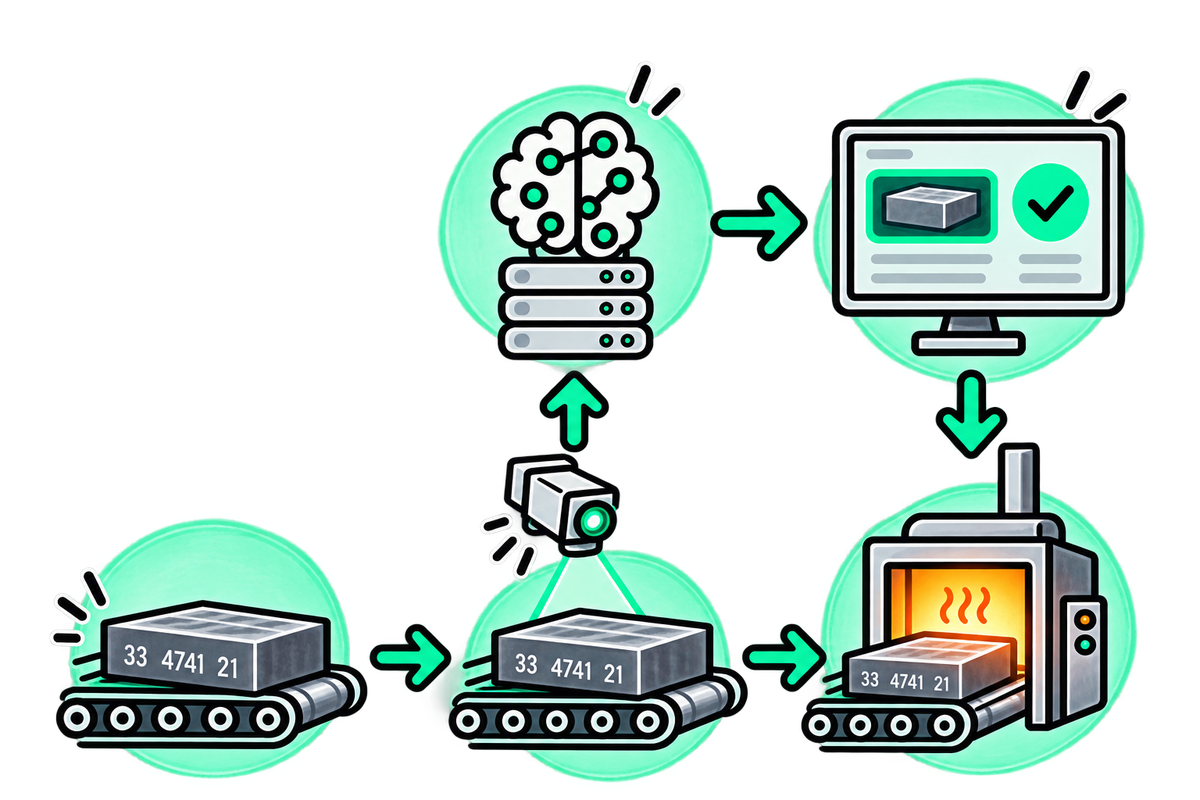 Computer vision in production: a camera inspects products on a conveyor, an AI model analyses the images and a dashboard confirms quality before the next process step